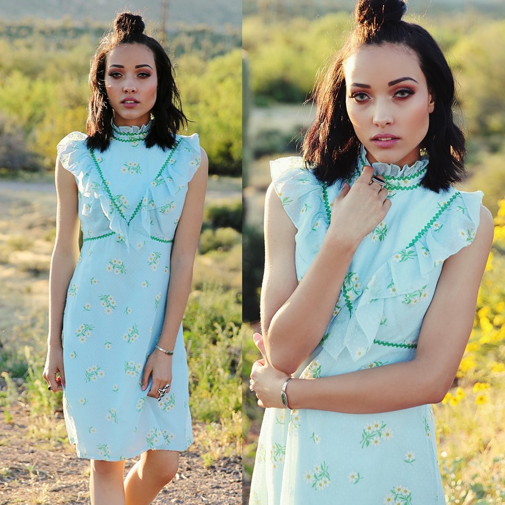 1970s Baby Doll Blue Daisy Print Dress